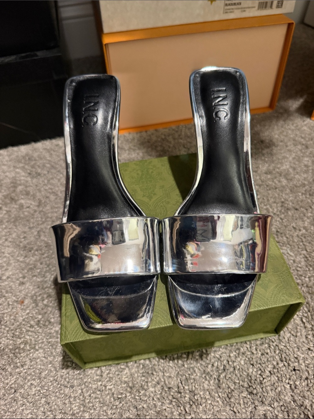 INC International Concepts Silver Metallic Slide Heels